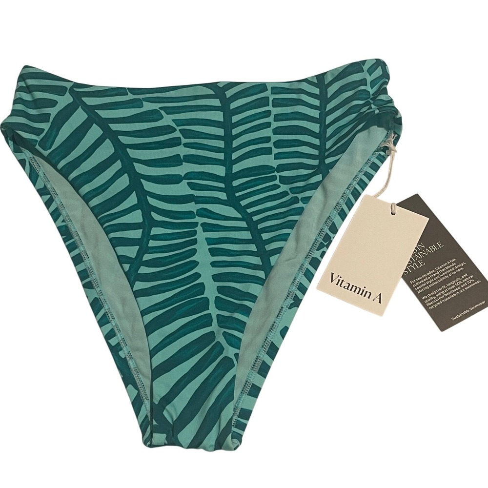 00594 - Vitamin A Green Leaf‎ Print High Waist Bikini Bottoms Size XS Swimwear